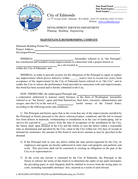 First page of the Building Permit Maintenance Bond