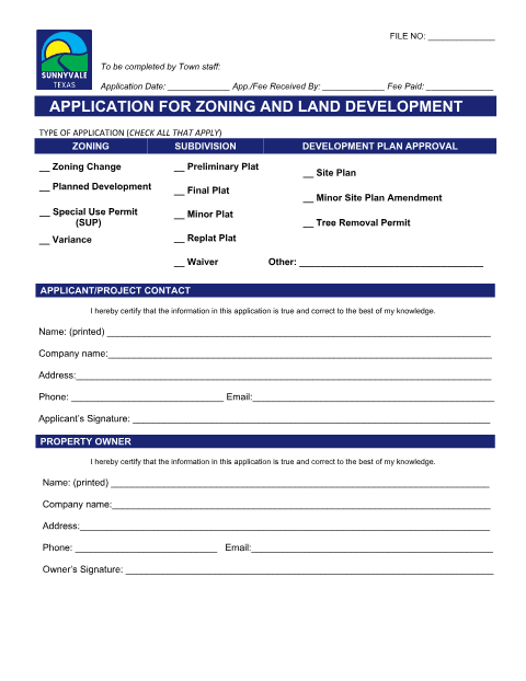 First page of the Application for Zoning and Land Development (Variance)