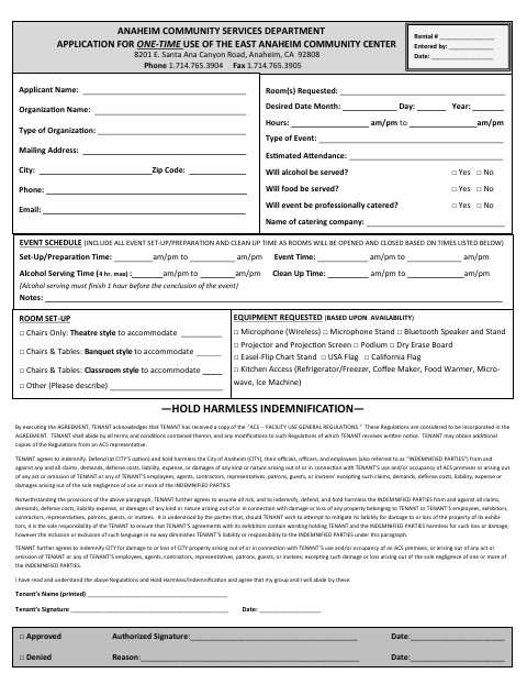 First page of the Application for One-Time Use of the East Anaheim Community Center