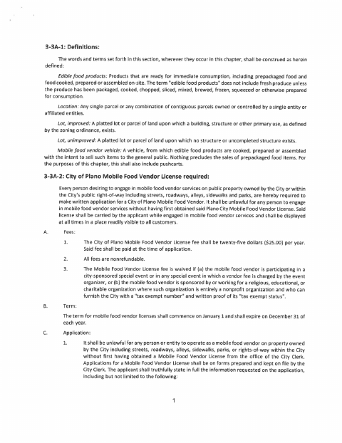 First page of the Mobile Food Vendor License Application
