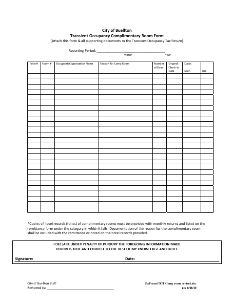 First page of the Transient Occupancy Complimentary Room Form