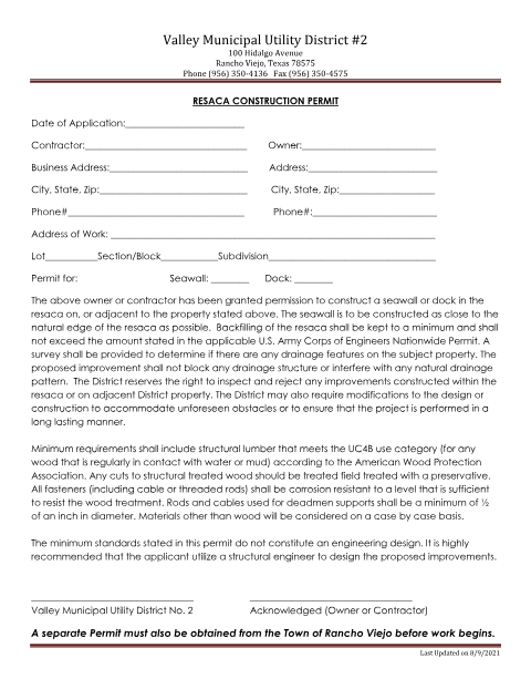 First page of the Resaca Construction Permit (Seawall/Dock)