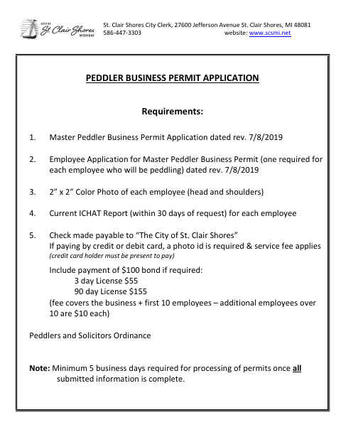 First page of the Peddler Business Master Permit Application