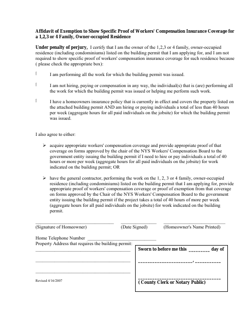 First page of the Workers' Compensation Exemption Affidavit