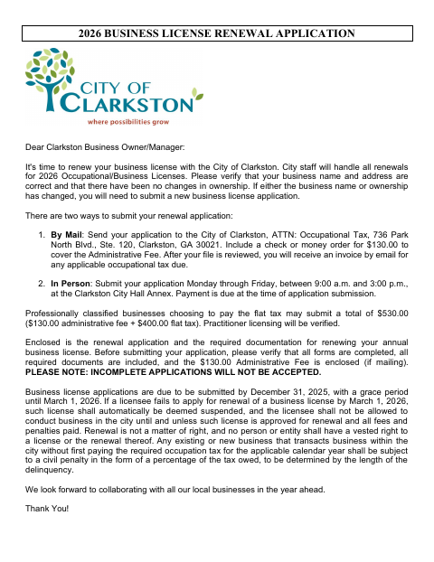 First page of the 2026 Business License Renewal Application