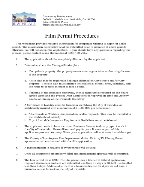 First page of the Film Permit Application