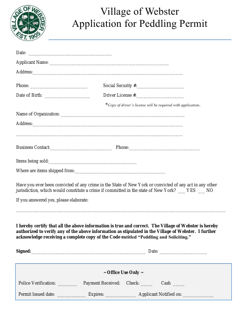 First page of the Application for Peddling Permit