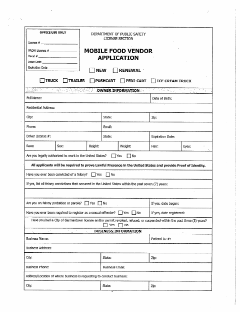 First page of the Mobile Food Vendor Permit Application