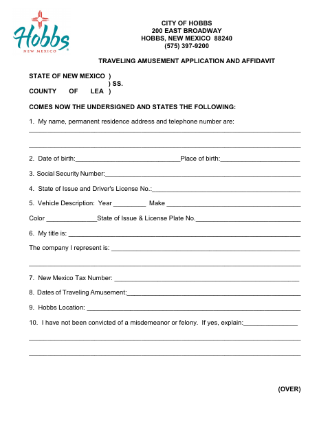First page of the Traveling Amusement Application and Affidavit