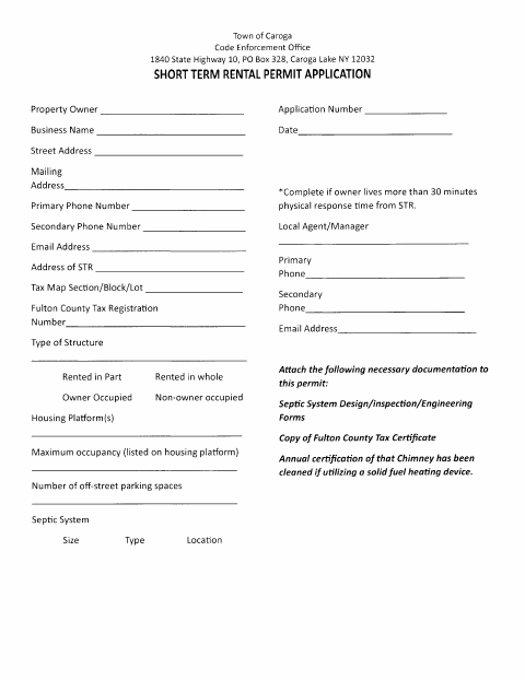 First page of the Short Term Rental Permit Application