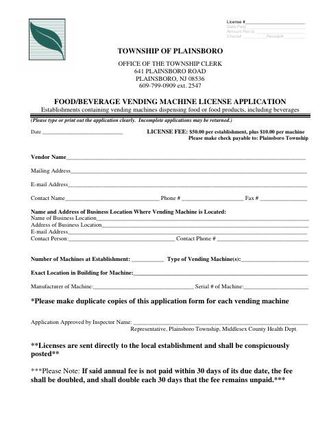 First page of the Food/Beverage Vending Machine License Application