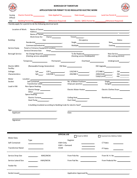 First page of the Application for Permit to Do Regulated Electric Work