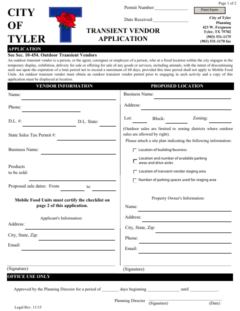 First page of the Transient Vendor Application