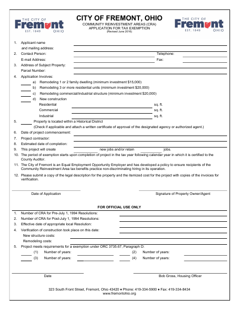 First page of the Community Reinvestment Area Tax Exemption Application