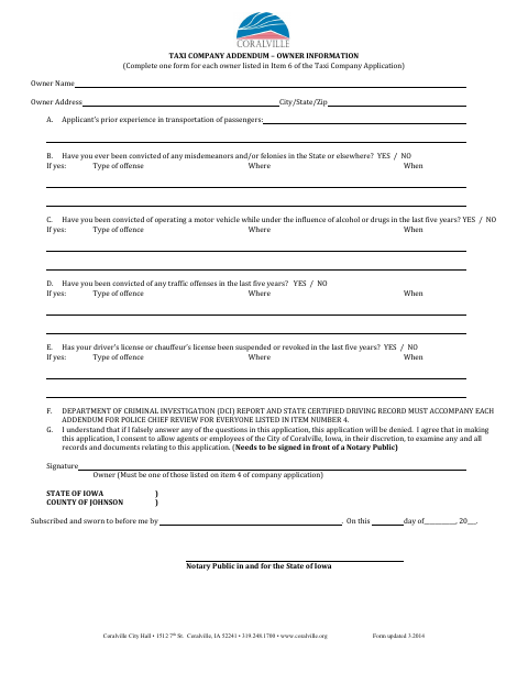 First page of the Taxi Company Addendum – Owner Information