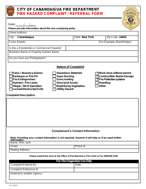 First page of the Fire Hazard Complaint / Referral Form
