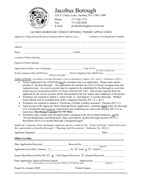 First page of the Street Opening Permit Application Form