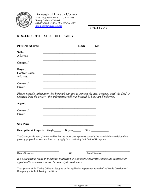 First page of the Resale Certificate of Occupancy