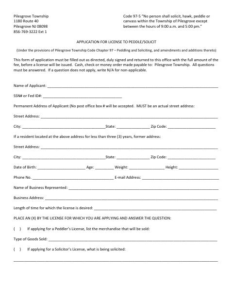 First page of the Application for License to Peddle/Solicit