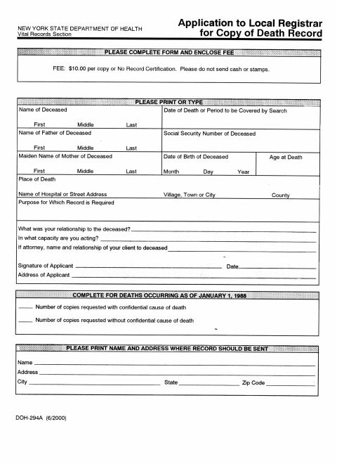First page of the Application to Local Registrar for Copy of Death Record
