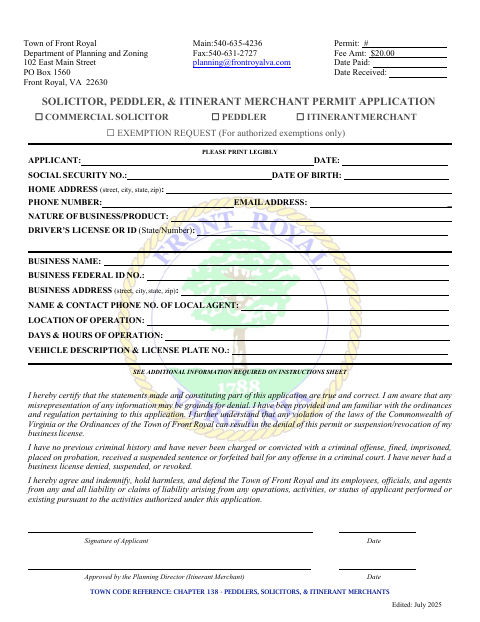 First page of the Solicitor, Peddler, & Itinerant Merchant Permit Application