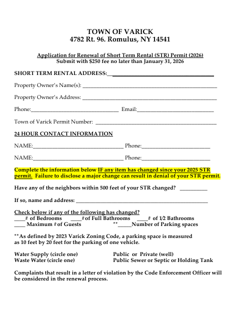 First page of the Application for Renewal of Short Term Rental Permit
