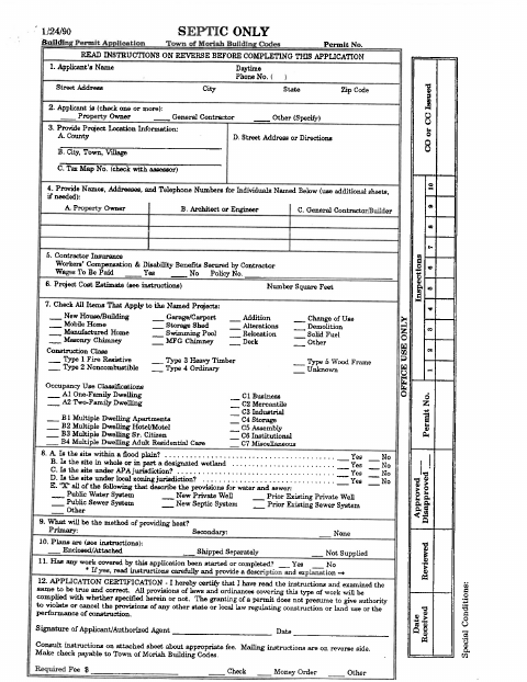 First page of the Septic Permit Application