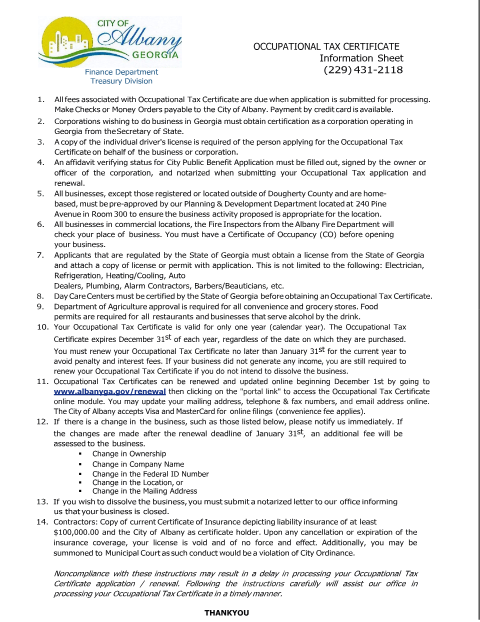First page of the Commercial Business Occupational Tax Certificate Packet