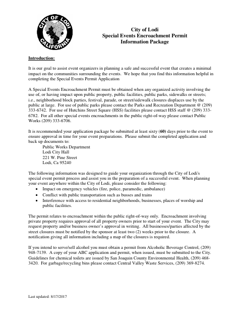 First page of the Special Events Encroachment Permit Application Package