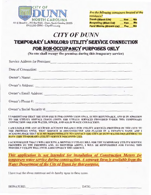 First page of the Temporary Landlord Utility Service Connection for Non-Occupancy Purposes Only