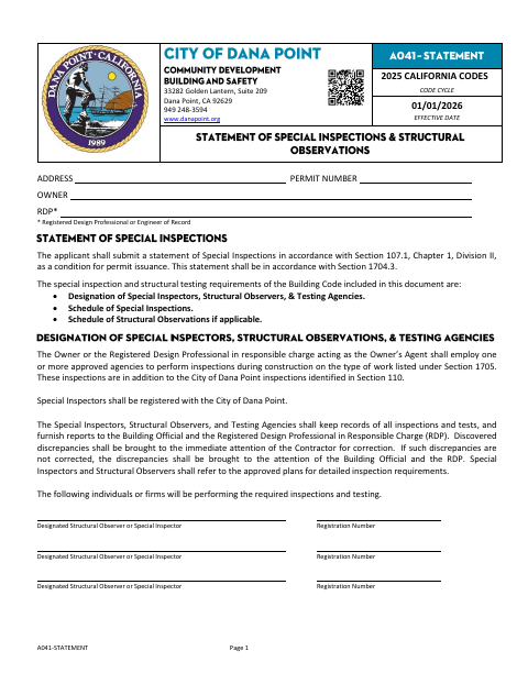 First page of the Statement of Special Inspections and Observations