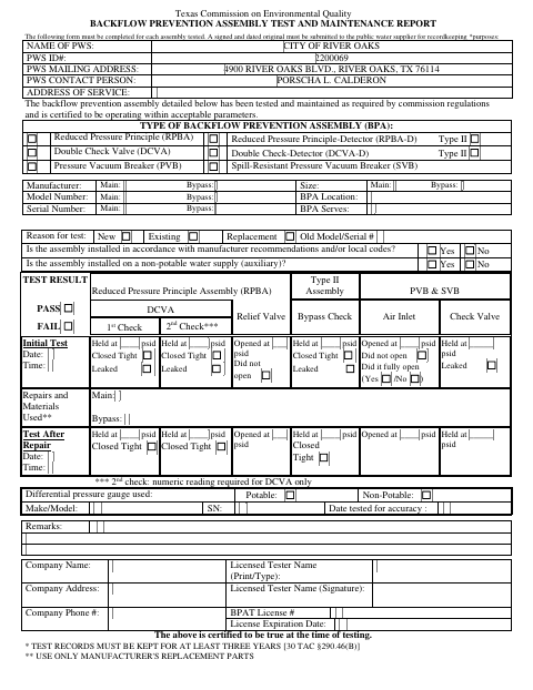 First page of the Backflow Prevention Assembly Test and Maintenance Report