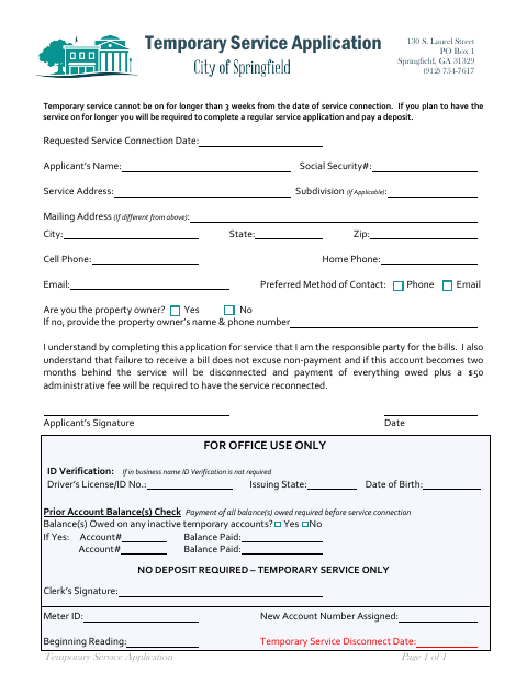 First page of the Temporary Service Application