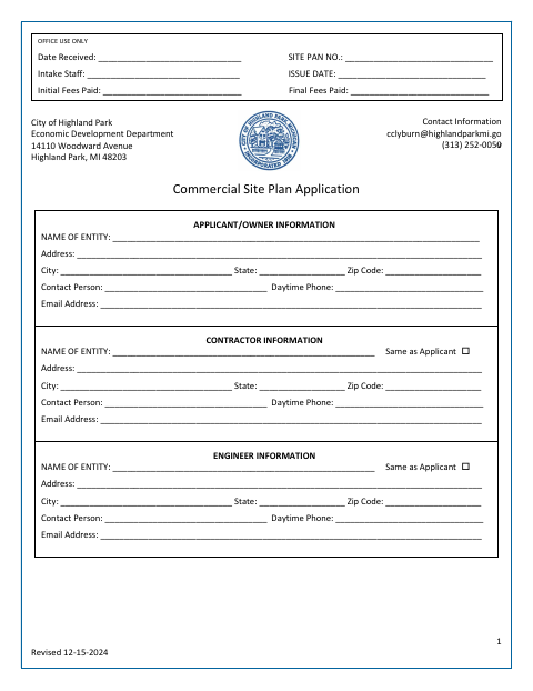 First page of the Commercial Site Plan Application