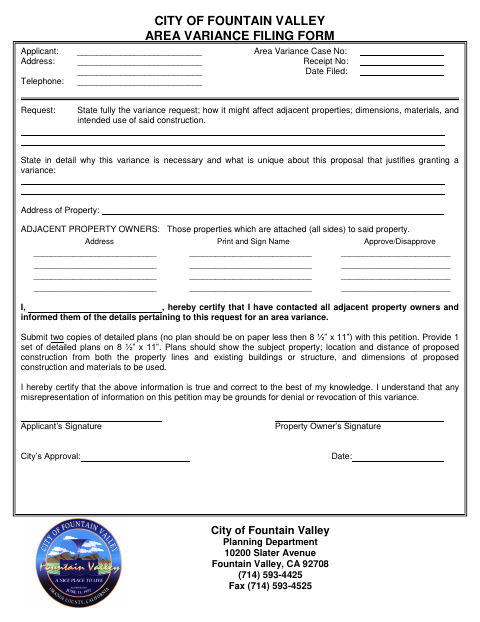 First page of the Area Variance Filing Form