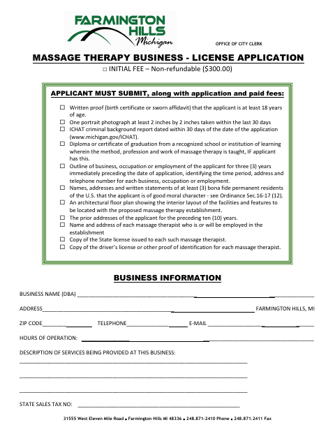 First page of the Massage Therapy Business License Application