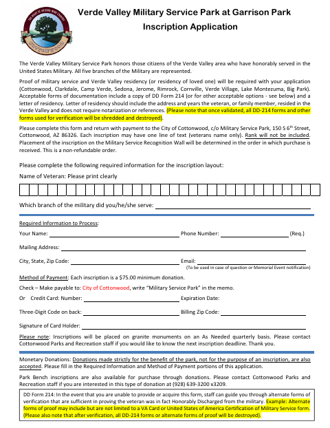 First page of the Verde Valley Military Service Park Inscription Application