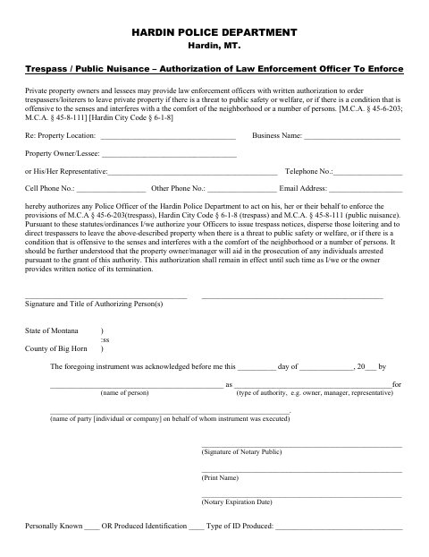 First page of the Trespass Enforcement Authorization