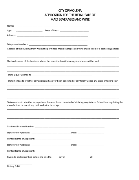 First page of the Application for the Retail Sale of Malt Beverages and Wine