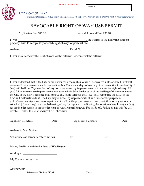 First page of the Revocable Right of Way Use Permit