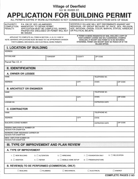 First page of the Building Permit Application