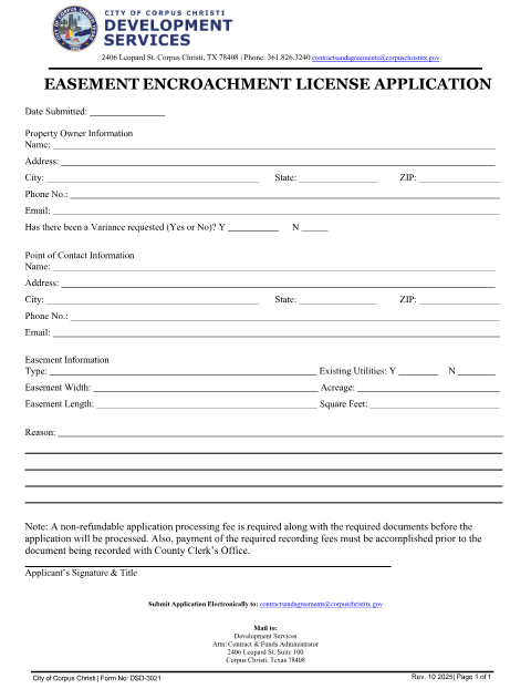 First page of the Easement Encroachment License Application