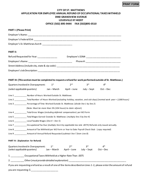 First page of the Employee Annual Occupational Tax Refund Application