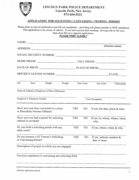 First page of the Soliciting, Canvassing, and Vending Permit Application
