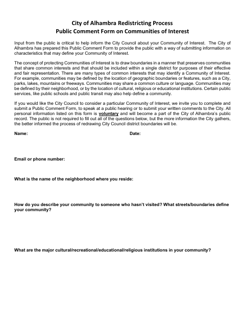 First page of the Public Comment Form on Communities of Interest