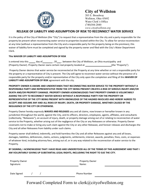 First page of the Release of Liability and Assumption of Risk to Reconnect Water Service