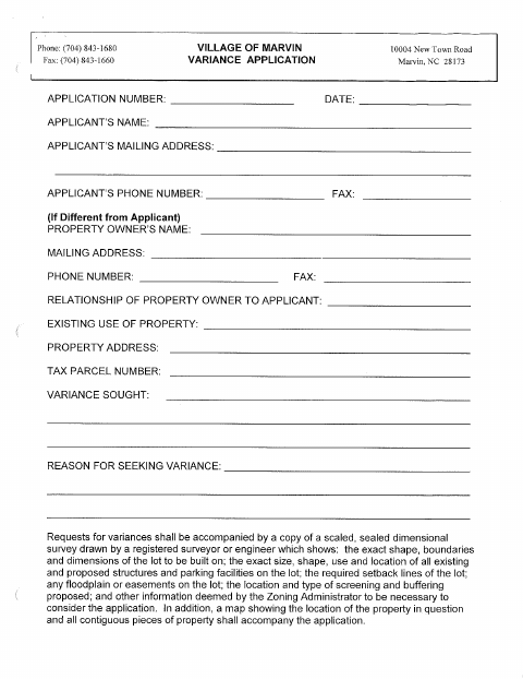 First page of the Variance Application