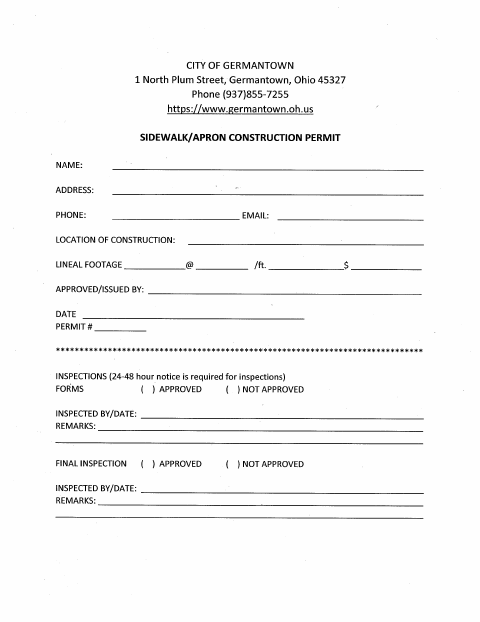 First page of the Sidewalk / Curb Permit