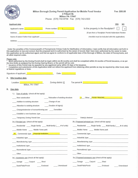 First page of the Zoning Permit Application for Mobile Food Vendor