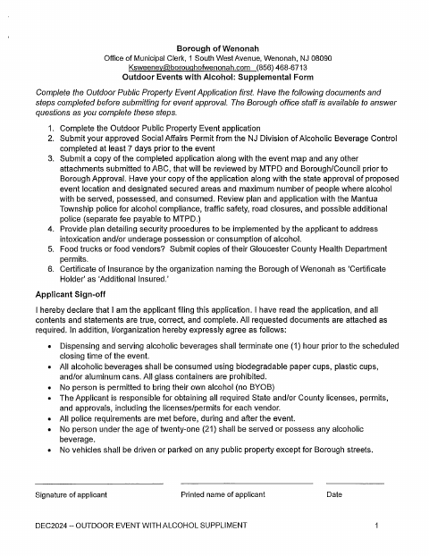 First page of the Outdoor Events with Alcohol Supplemental Form
